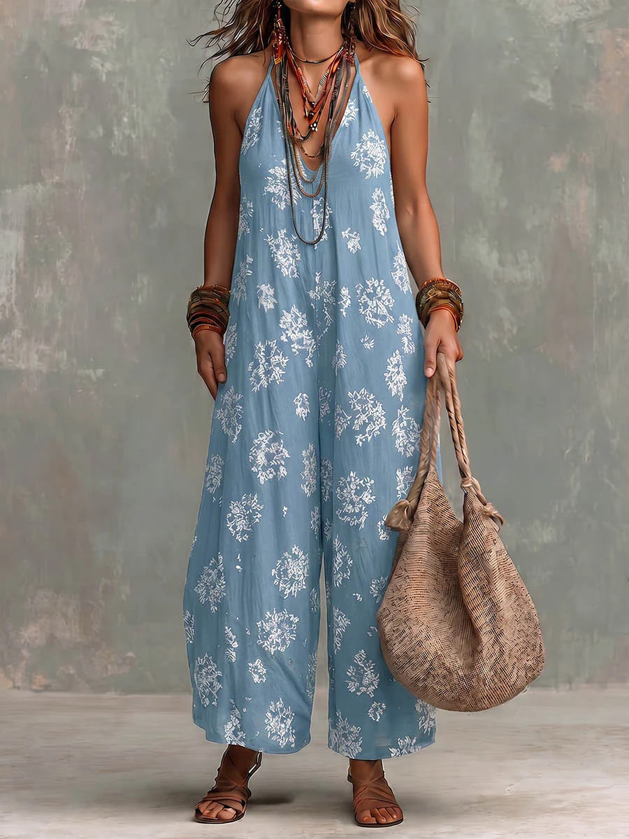 Women's Yellow Boho Floral Halter Wide-Leg Jumpsuit