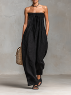 Women's Minimalist Loose-fitting Linen Blend Strapless Jumpsuit With Tie Closure