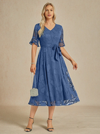 Sheer Sleeve V-Neck Floral Dress