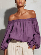 Women Off Shoulder Puff Bubble Sleeve Crinkled Casual Blouse