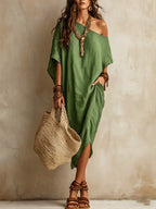 Slanted Shoulder Cotton And Linen Dress Women'S Loose Bat Sleeves Mid-Length Slit Holiday Dress