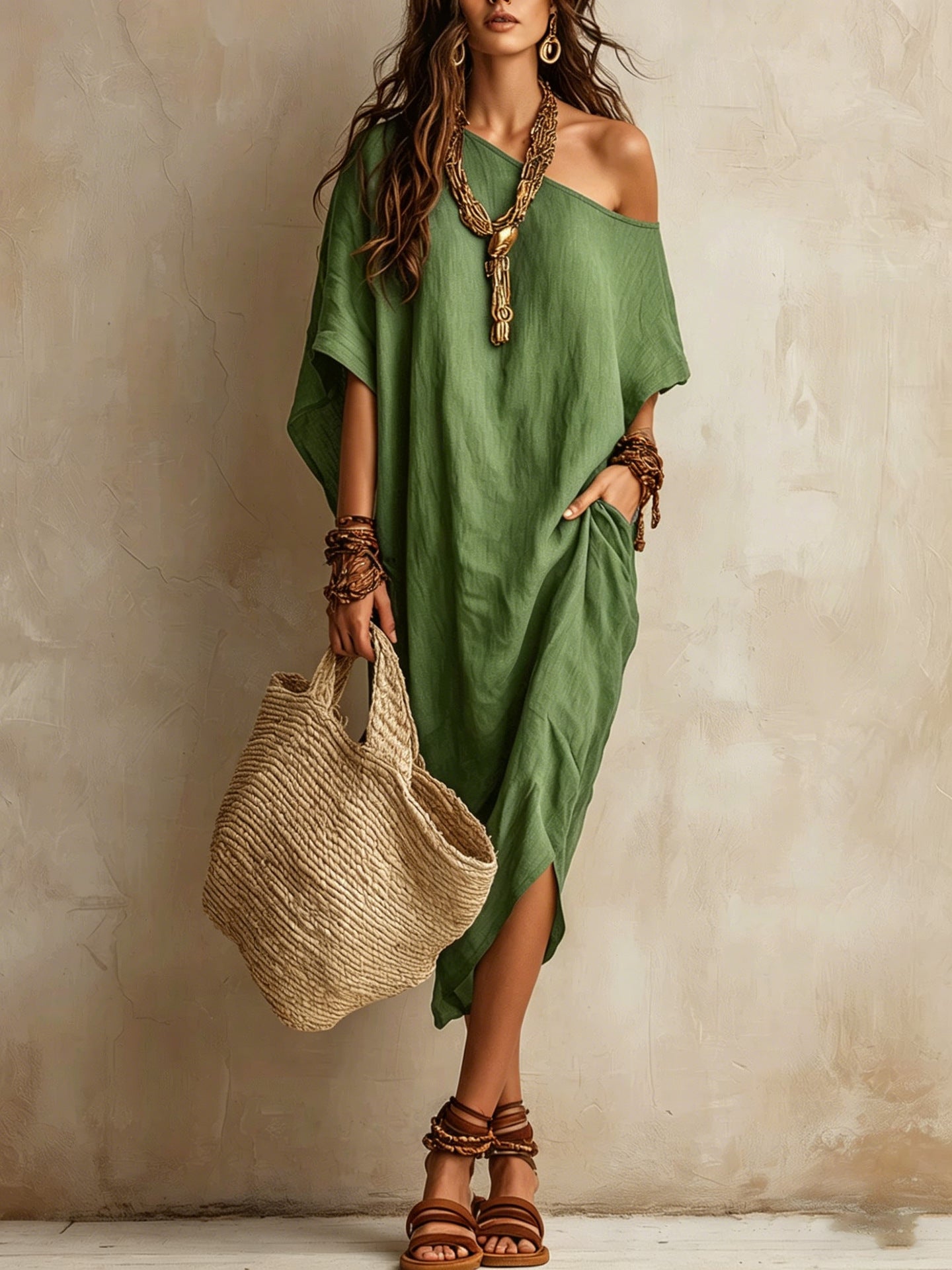 Slanted Shoulder Cotton And Linen Dress Women'S Loose Bat Sleeves Mid-Length Slit Holiday Dress