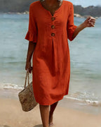 Button Ruffle Sleeve 100% Cotton Dress