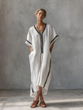 Linen Blend V-Neck Kaftan Dress