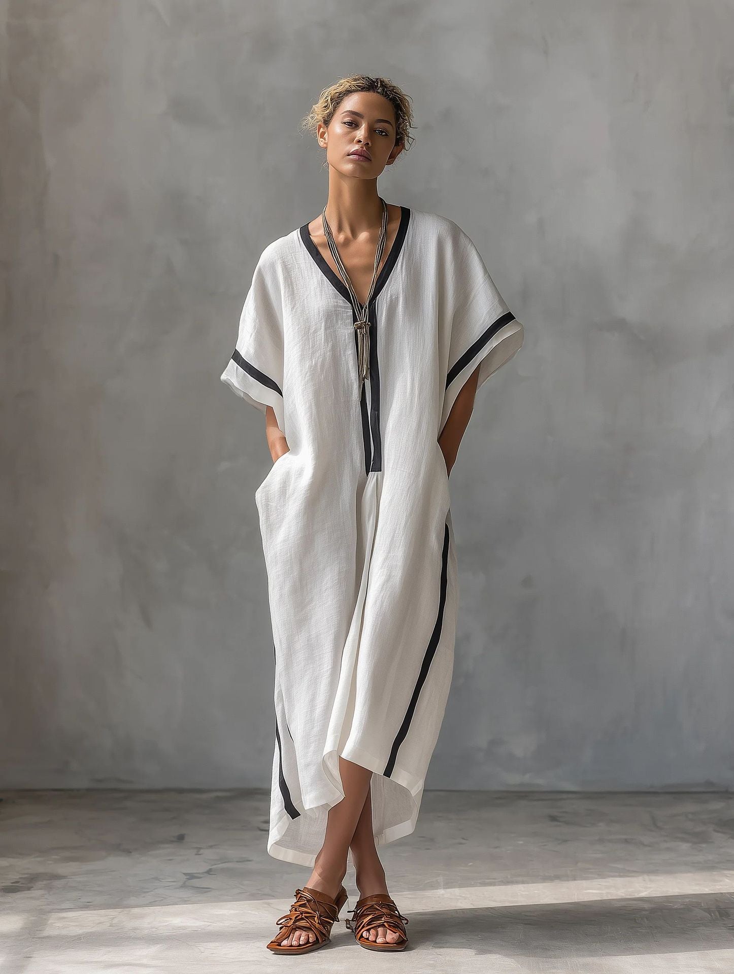 Linen Blend V-Neck Kaftan Dress