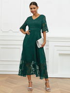 Sheer Sleeve V-Neck Floral Dress