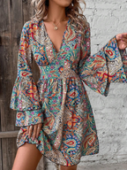 Bohemian Paisley Floral Bell Sleeve Dress