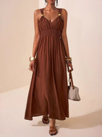 A-Line Loose Pleated Solid Color Spaghetti-Neck Maxi Dresses