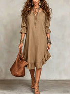 Women's Casual Loose-fitting Round Neck Ruffles Linen And Cotton Short-sleeved Dress