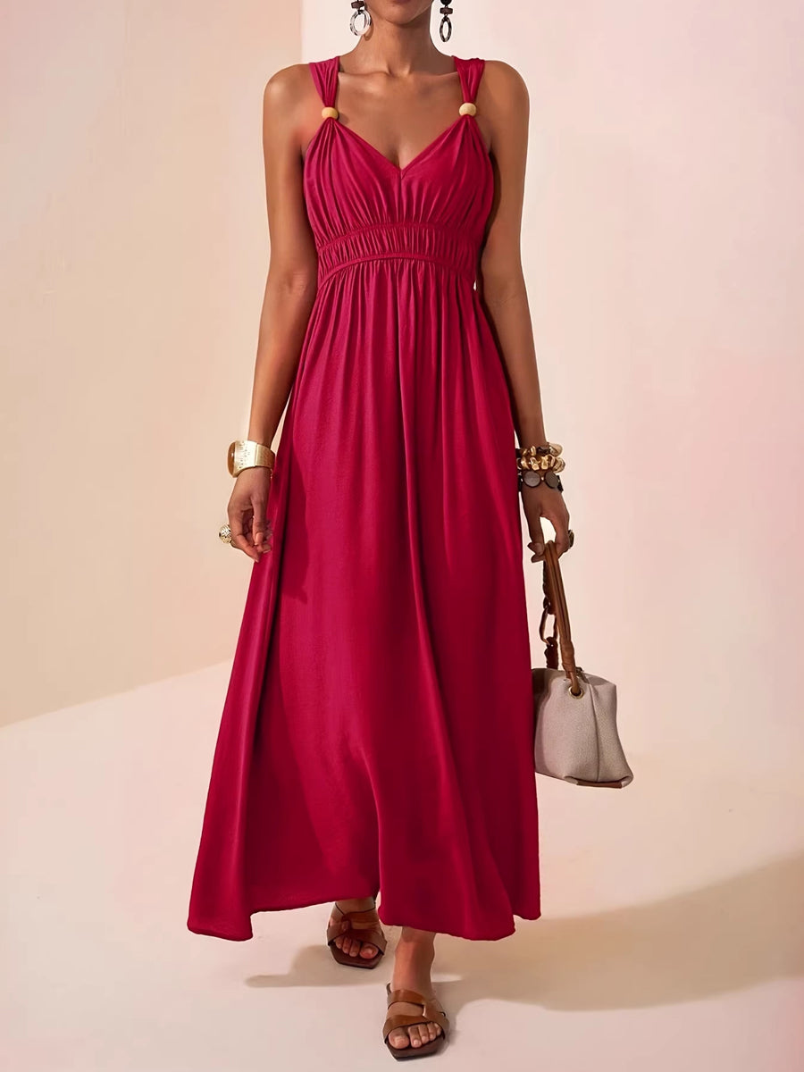 A-Line Loose Pleated Solid Color Spaghetti-Neck Maxi Dresses