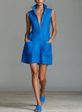 Linen Stand Collar Half Zip Sleeveless Pocket Mini Shift Dress