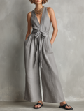 Women's Minimalist Linen-Blend Zippered V-Neck Sleeveless Belted Jumpsuit