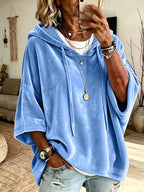 Women's Sky Blue Velvet Loose Short‑Sleeve Hoodie