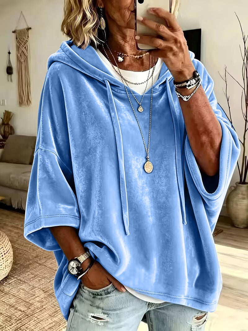 Women's Sky Blue Velvet Loose Short‑Sleeve Hoodie