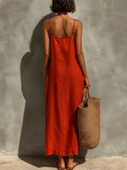 Women's Red Cotton Dress With Spaghetti Straps & Square Neck, Timeless Boho-Resort Style Dress