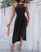 Halter Tie Criss Cross Front Knit Jacquard Textured Slit Dress Casual Hollow-out Draped Vacation Dress