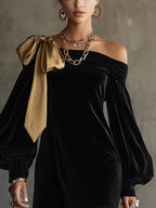MINI VELVET DRESS WITH GOLD BOW