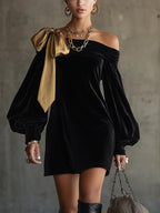 MINI VELVET DRESS WITH GOLD BOW