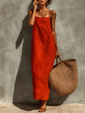 Women's Red Cotton Dress With Spaghetti Straps & Square Neck, Timeless Boho-Resort Style Dress