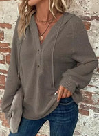 Waffle Knit Button Detail Hoodie