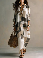 Roll Sleeve Oversized Irregular Hem Linen Blend Vacation Cover Up Dress