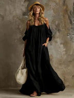 Cold Shoulder Puff Sleeve Pocketed Flowy White Maxi Caftan Dress
