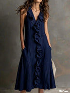 🌿 Ruffle V-Neck Sleeveless Midi Dress