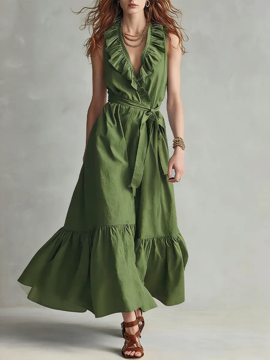🌿 Ruffled V-Neck Wrap Maxi Dress