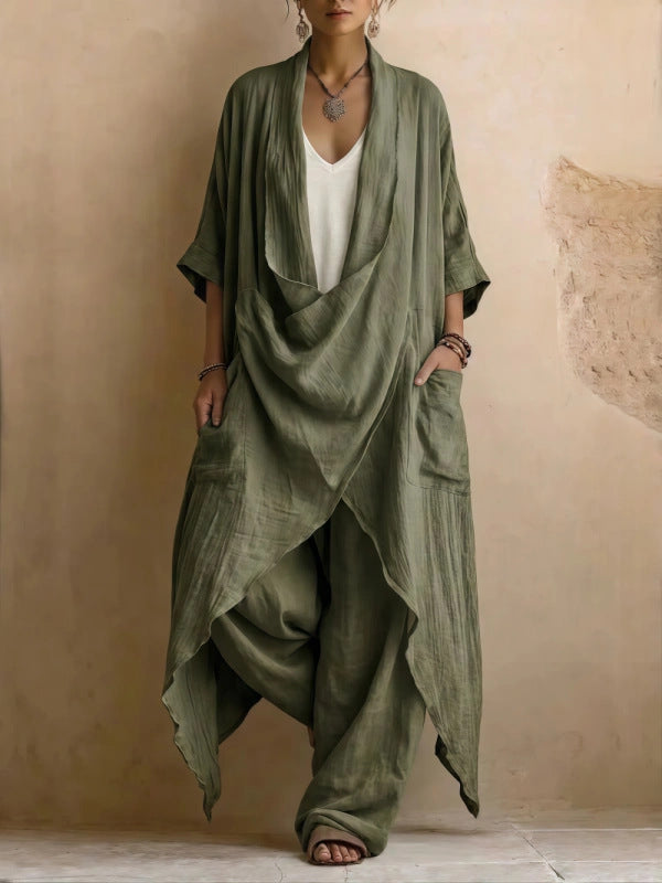 Casual Bohemian Style Suit Consists Of Two Pieces, A Long Linen Cotton Top And Trousers