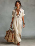 Women's Minimalist Linen Blend Embroidered Short-sleeved Shirt Maxi Dress