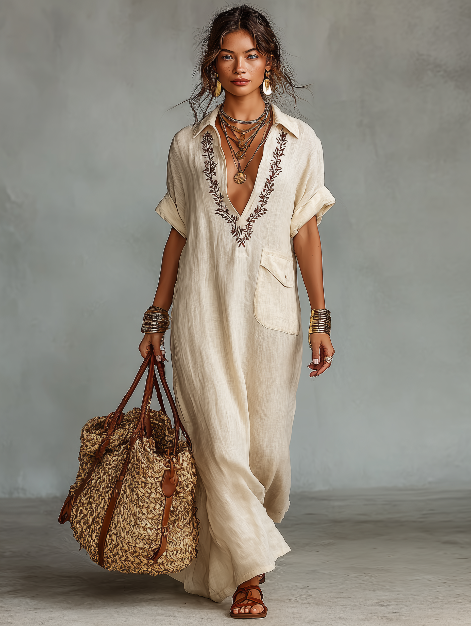 Women's Minimalist Linen Blend Embroidered Short-sleeved Shirt Maxi Dress