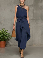 Stylish Casual Linen And Cotton One-shoulder Sleeveless Jumpsuit