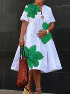 A-Line Loose Flower Print Pleated V-Neck Midi Dresses