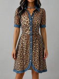 Stylish Casual Leopard-print Chiffon And Denim Patchwork Dress