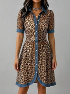 Stylish Casual Leopard-print Chiffon And Denim Patchwork Dress