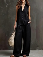 Linen Blend Sleeveless Vest & Wide-Leg Pants Set