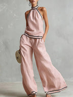 Halterneck Sleeveless Wide-Leg Pants Suit For Women