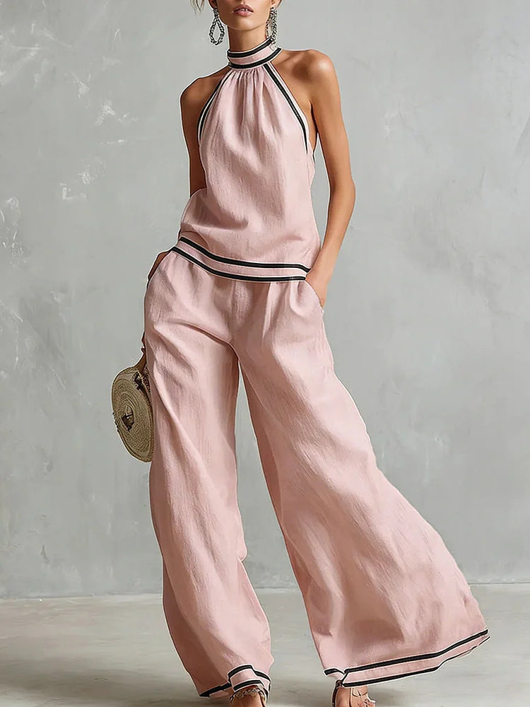Halterneck Sleeveless Wide-Leg Pants Suit For Women