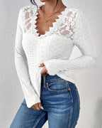 V-Neck Lace Panel Long-Sleeved Top