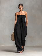 Women's Minimalist Loose-fitting Linen Blend Strapless Jumpsuit With Tie Closure