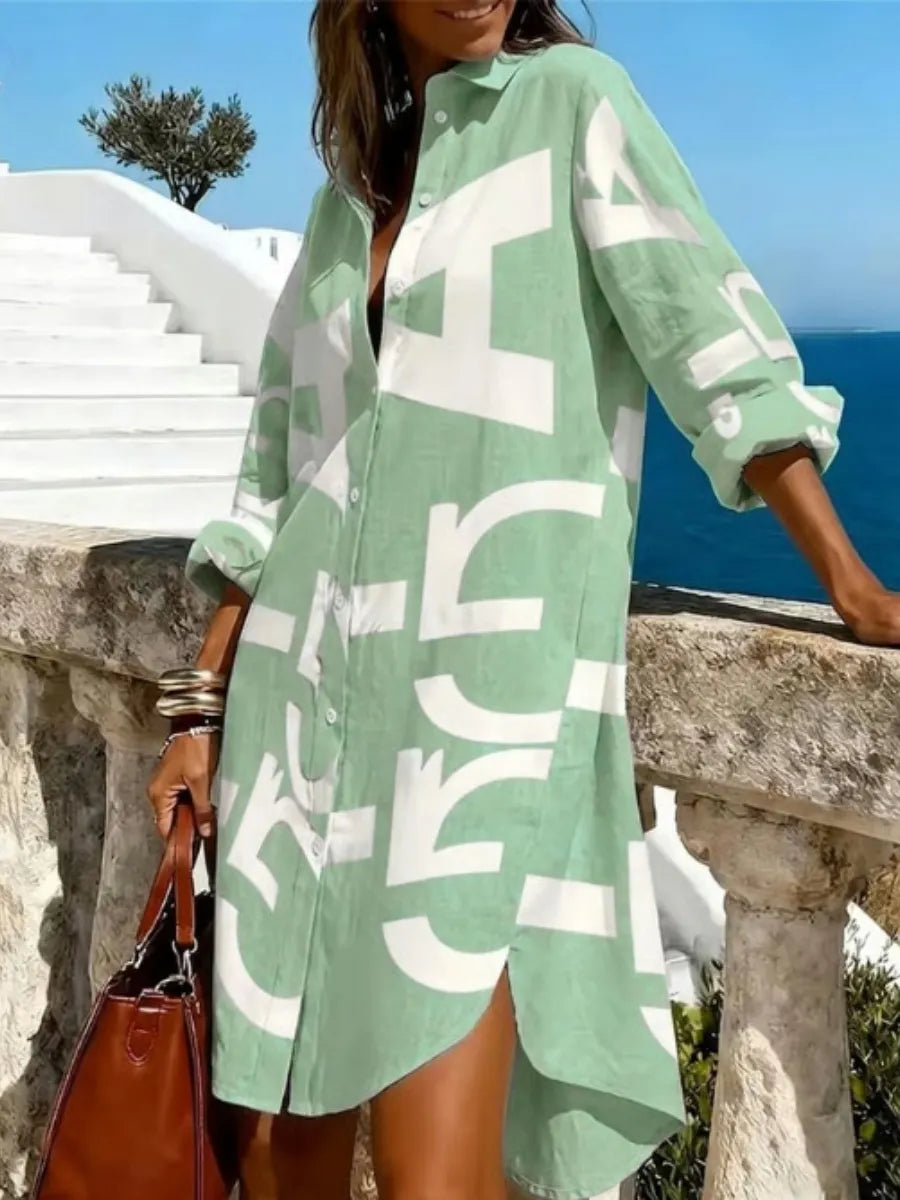 Color-Block Letter Print Loose Long-Sleeve Dress
