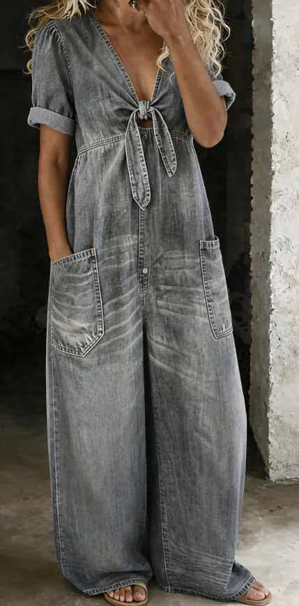 Light Wash Tie-Front Denim Wide-Leg Jumpsuit