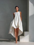 Women's White Linen Fabric Sleeveless Midi Dress With Round Neck