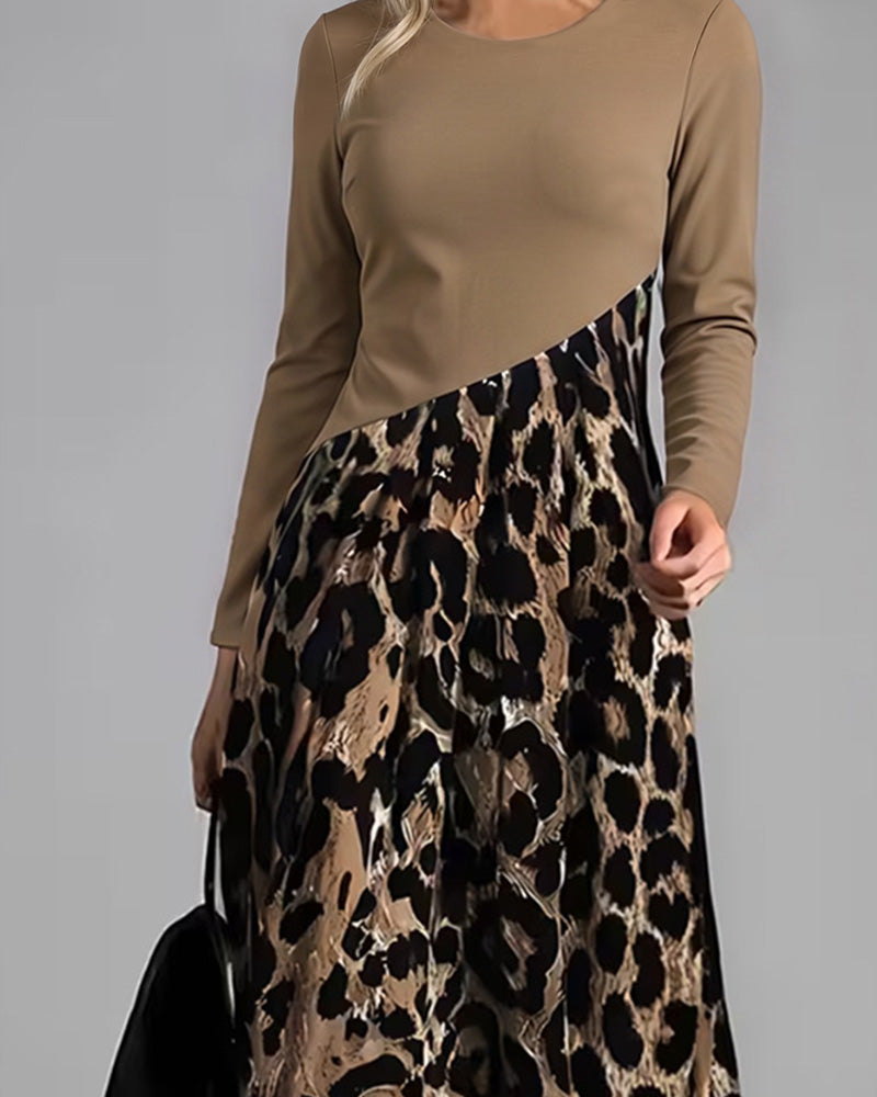 Crew Neck Leopard Full Skirt Dress
