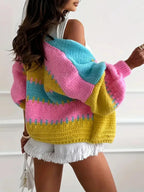 Candy Cloud Cardigan – oversized color block knit in fuchsia, pink, yellow, and blue.