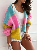 Candy Cloud Cardigan – oversized color block knit in fuchsia, pink, yellow, and blue.