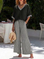 Casual Two-piece Set: Striped Linen & Cotton Patchwork Top And Striped Trousers