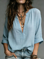 Textured Linen Blend Notch V Neck 3/4 Cuffed Sleeve Blouse