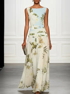 Vintage Lily Floral Color Block Maxi Gown