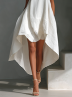 Women's White Linen Fabric Sleeveless Midi Dress With Round Neck